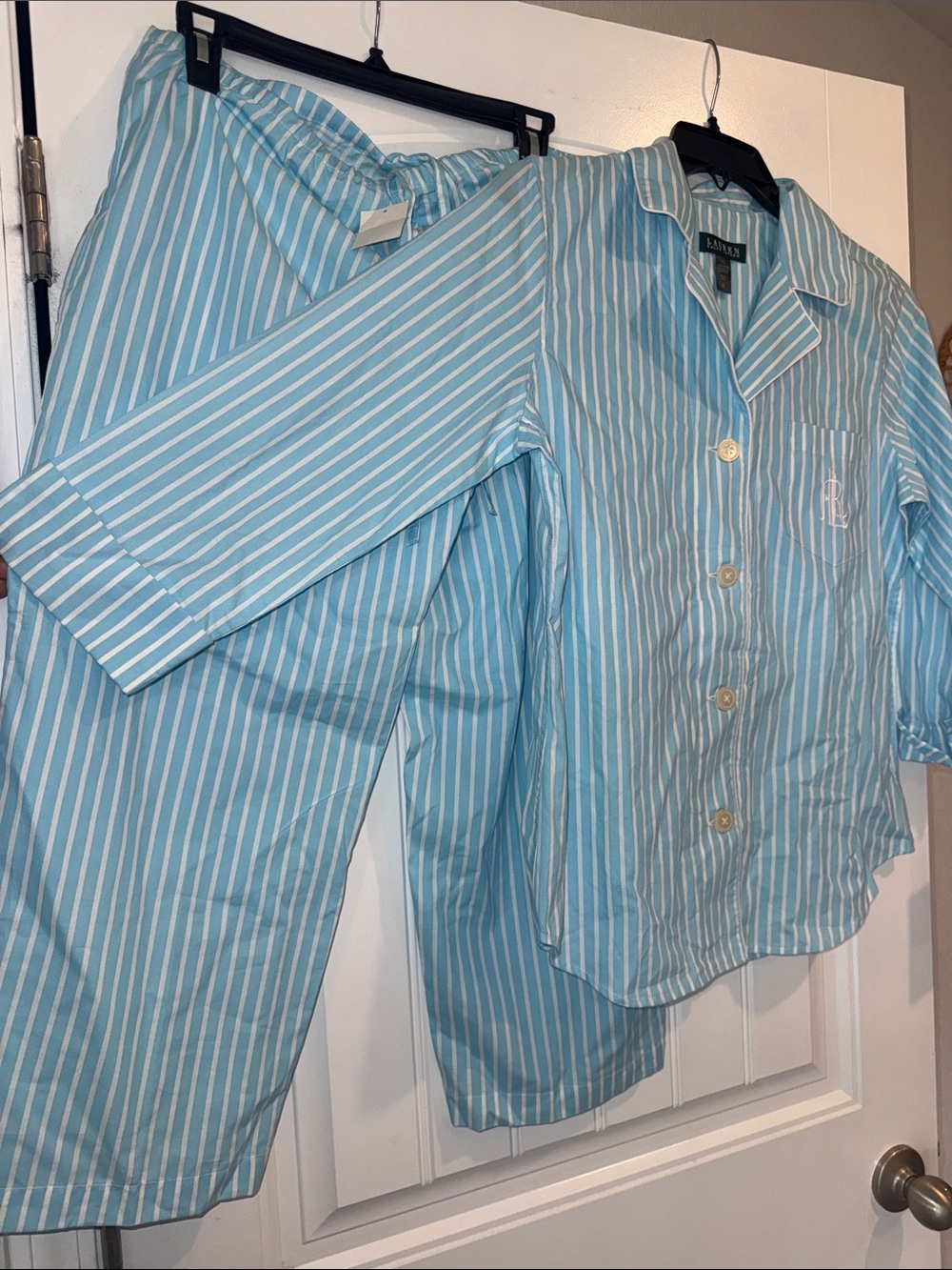 Lauren Ralph Lauren Striped 100% Cotton Pajama Set Capri Blue Medium - Picture 9 of 12